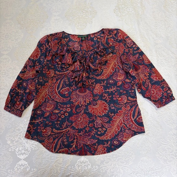 Lauren Ralph Lauren Ruffle Front Paisley 100% Cotton Blouse Size Large - Picture 8 of 8